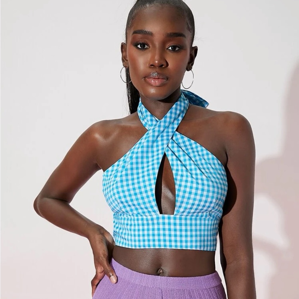 Gingham Print Crisscross Wrap Tie Back Crop Halter Top